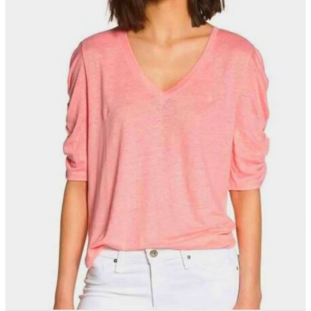 Chelsea28 women's linen top M L tee shirt coral pink ruched sleeve knit V-neck